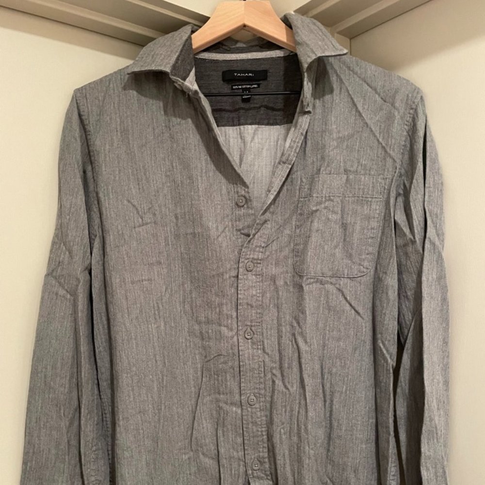 TAHARI Mens Gray 100% Cotton Button Down Shirt size M